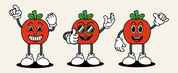 Apple set mascot of 70s groovy. Collection of cartoon,retro, groovy characters. Vector illustration.