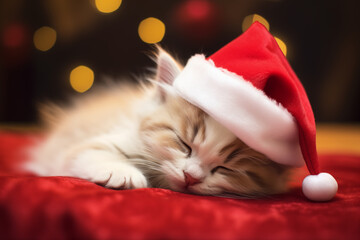 Gatinho fofo usando um gorro vermelho de natal dormindo tranquilo - Papel de parede
 - obrazy, fototapety, plakaty