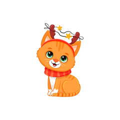red cat sits on a white background. Cute ginger kitten in cartoon style. Christmas Illustration for postcard, banner, web, design, arts.