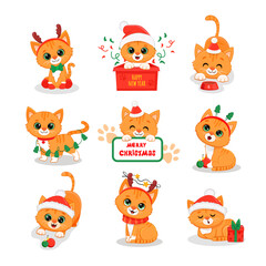 Cute cartoon red kitten Isolated on white. Christmas Illustration for design, banners, children's books and patterns. Funny Ginger cat in scarf, santa hat and with gift. 