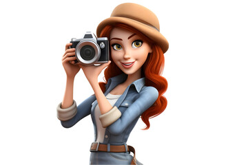 3d cartoon woman taking photo with camera 3d rendring isolated on white background. Generative Ai.