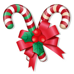 Traditional christmas candy canes on a white background with bow. Christmas decoration. Merry Christmas. Vector illustration
