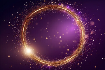 Gold glitter circle of light shine sparkles and golden spark particles in circle frame on purple...