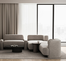 Luxurious living room with plush seating and floor to ceiling windows offering a panoramic city view. 3d render