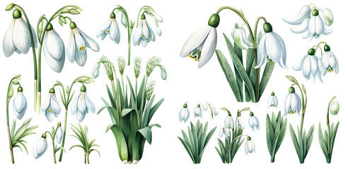 snowdrop flower watercolor illustration clipart. Generative AI