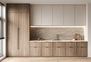 Naklejka na ściany i meble Full view of a modern kitchen with wooden cabinetry, integrated appliances, and a luxurious sandstone backsplash. 3d render