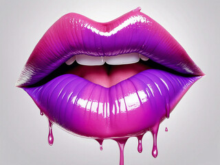 Purple and pink lips. dripping colors.shiny lips. - obrazy, fototapety, plakaty