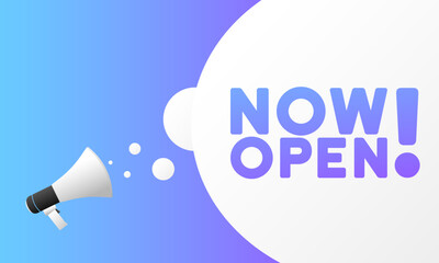 Now open sign. Flat, purple, megaphone text, now open icon. Vector illustration