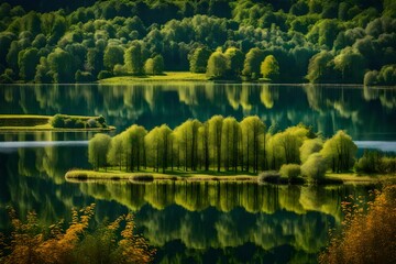 **beuerbacher see near beuerbach. pond with surrounding nature in hesse landscape at lake. - obrazy, fototapety, plakaty