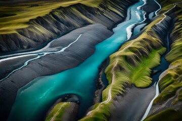 **A glacial rivers from above. aerial photograph of the river strea from icelandic glaciers.beautiful art of the mother  nature created in iceland . wallpaper background high quality photo - obrazy, fototapety, plakaty
