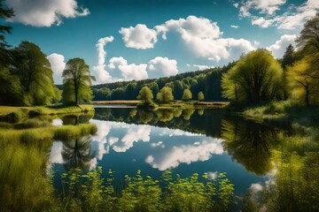 **beuerbacher see near beuerbach. pond with surrounding nature in hesse landscape at lake. - obrazy, fototapety, plakaty
