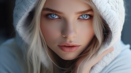 A beautiful blonde woman with blue eyes wearing a white hat