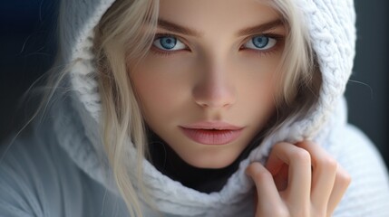 A beautiful blonde woman wearing a white hoodedie