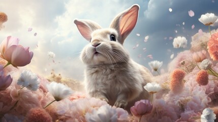 A white rabbit sitting in a field of flowers