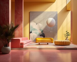 Contemporary room with a pink and yellow color theme, featuring artistic wall decor and modern furniture