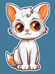 Cartoon sticker kitten looks to the side expectantly on blue background isolated, AI