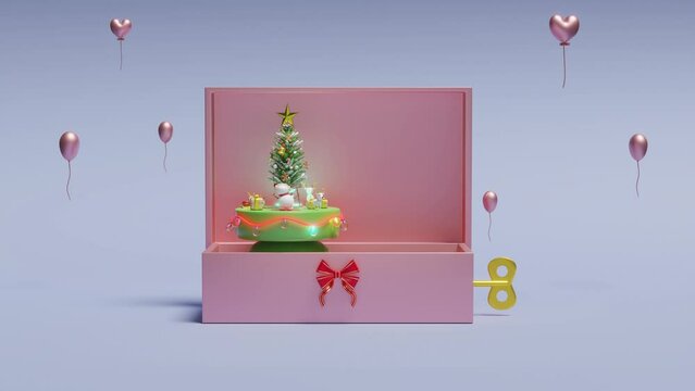 3d musical box with santa claus dance, snowman, deer, gift box, glass transparent lamp garlands. merry christmas and happy new year, alpha channel