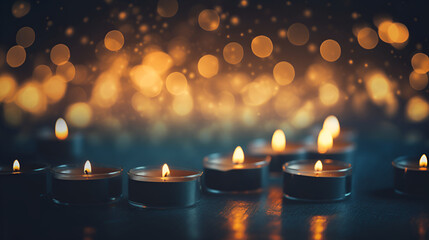 Burning candles on dark surface. Generated AI