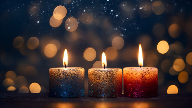 Christmas candles and ornaments over dark background with lights. Generated AI