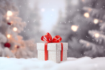 white gift box with a large red bow standing in fresh snow against a background bokeh of twinkling party lights. Generated AI