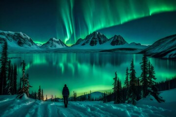 **aurona borealis (northem lights) over mountain with one person4