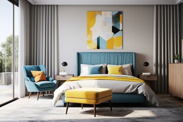 A contemporary bedroom with an accent chair upholstered in a fabric showcasing a 3D intricate colorful pattern in yellow and dark blue, against a backdrop of minimalist d?(C)cor