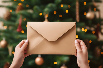 Hand holding envelope on christmas tree background with bokeh. Generated AI