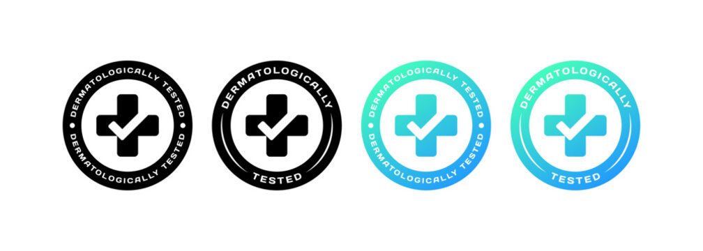 Dermatologically tested stamps. Different styles, Dermatologically tested stickers icons. Vector icons