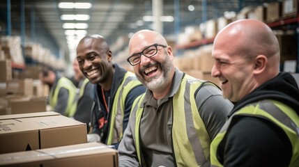 employees smiling at work in Wearhouse.  - obrazy, fototapety, plakaty