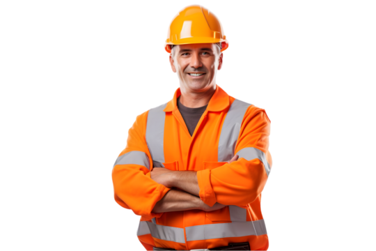 A construction worker or foreman at a construction site isolated on the white background. Generative Ai.