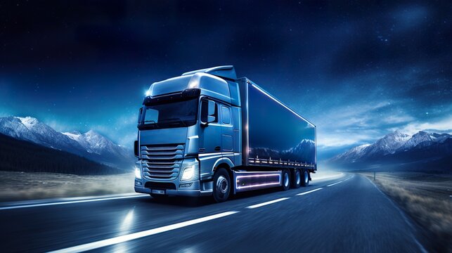 big delivery truck at night road, transportation and logistics illustration, freight and cargo business concept