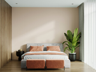 Bedroom in pastel tone peach fuzz color trend 2024 year panton furniture and accents pillows. Modern luxury room interior home or hotel design. Empty beige paint wall for art. Apricot crush.3d render 