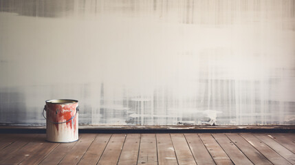 Paint can and roller standing on old wooden floor. - obrazy, fototapety, plakaty