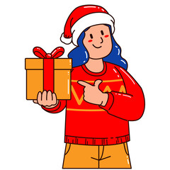 Girl in a Santa Claus hat holding a gift box