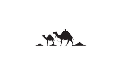 Arabian Logo caravan Camels in desert dunes. Camel black Logo design template white background 