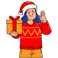 Girl in a Santa Claus hat holding a gift box