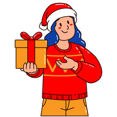 Girl in a Santa Claus hat holding a gift box