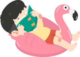 Kid boy reading book with flamingo float