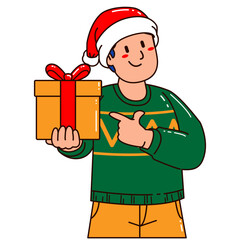 Boy in a Santa Claus hat holding a gift box