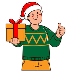 Boy in a Santa Claus hat holding a gift box