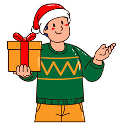 Boy in a Santa Claus hat holding a gift box