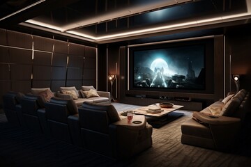 A contemporary home theater with plush seating and acoustic paneling, offering a cinematic experience in the comfort of a stylish and modern space.