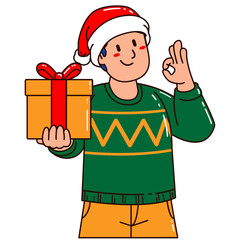 Boy in a Santa Claus hat holding a gift box