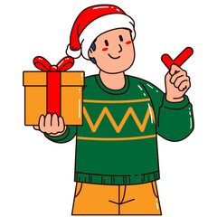 Boy in a Santa Claus hat holding a gift box and check mark