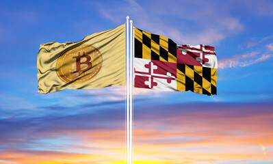 Bitcoin and Maryland two flags on flagpoles and blue sky.