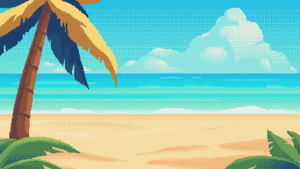 Beach pixel art background. 2d backdrop in 8-bit retro video game style.
