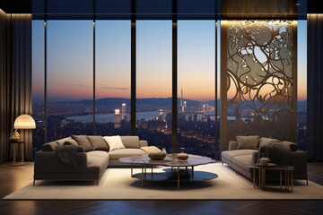 A contemporary living room with panoramic views, where the 3D intricate pattern on the curtains complements the cityscape outside, blending indoors and outdoors,