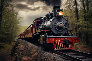 Fototapeta na wymiar Photo of a vintage train locomotive on tracks. Generative AI