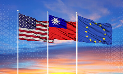 Three realistic flags of European Union, USA (United States of America)and tiwan on flagpoles and blue sky.