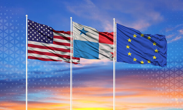 Three realistic flags of European Union, United States and panama on flagpoles and blue sky.